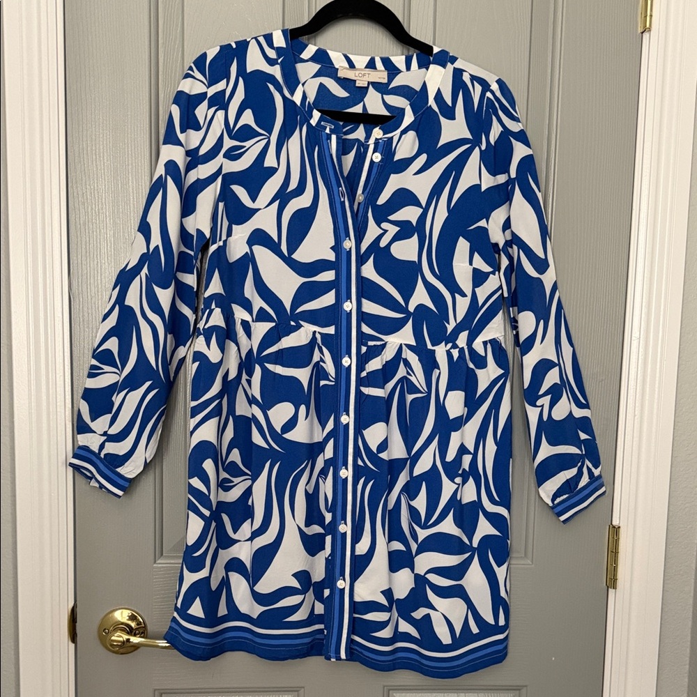 LOFT White and Blue Button-Front Swim Coverup Tunic